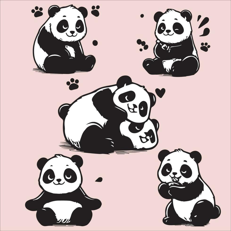 reeks van schattig tekenfilm panda in verschillend poses Aan een roze achtergrond vector