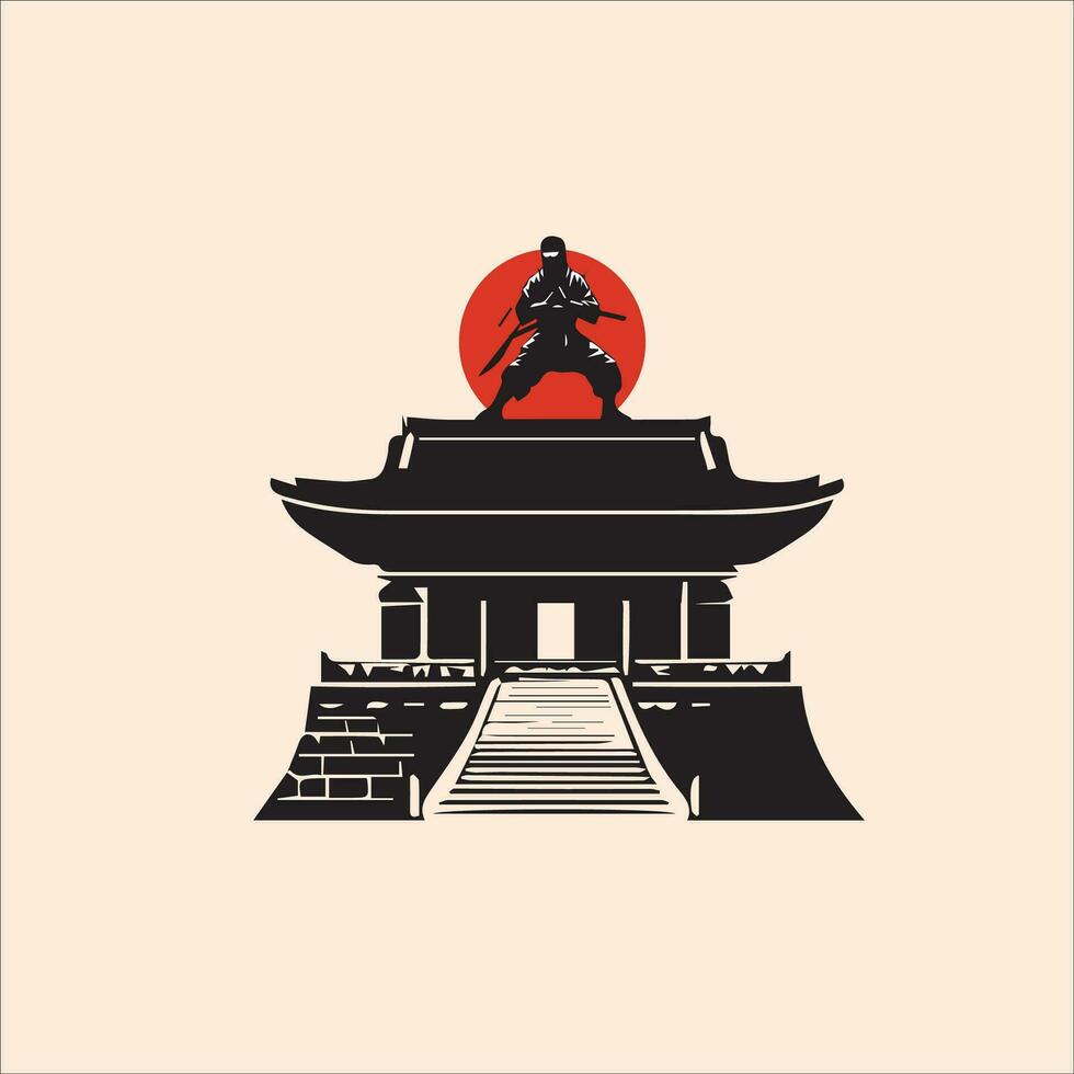 zwart silhouet van een kung fu meester staand in voorkant van de oude tempel. vector