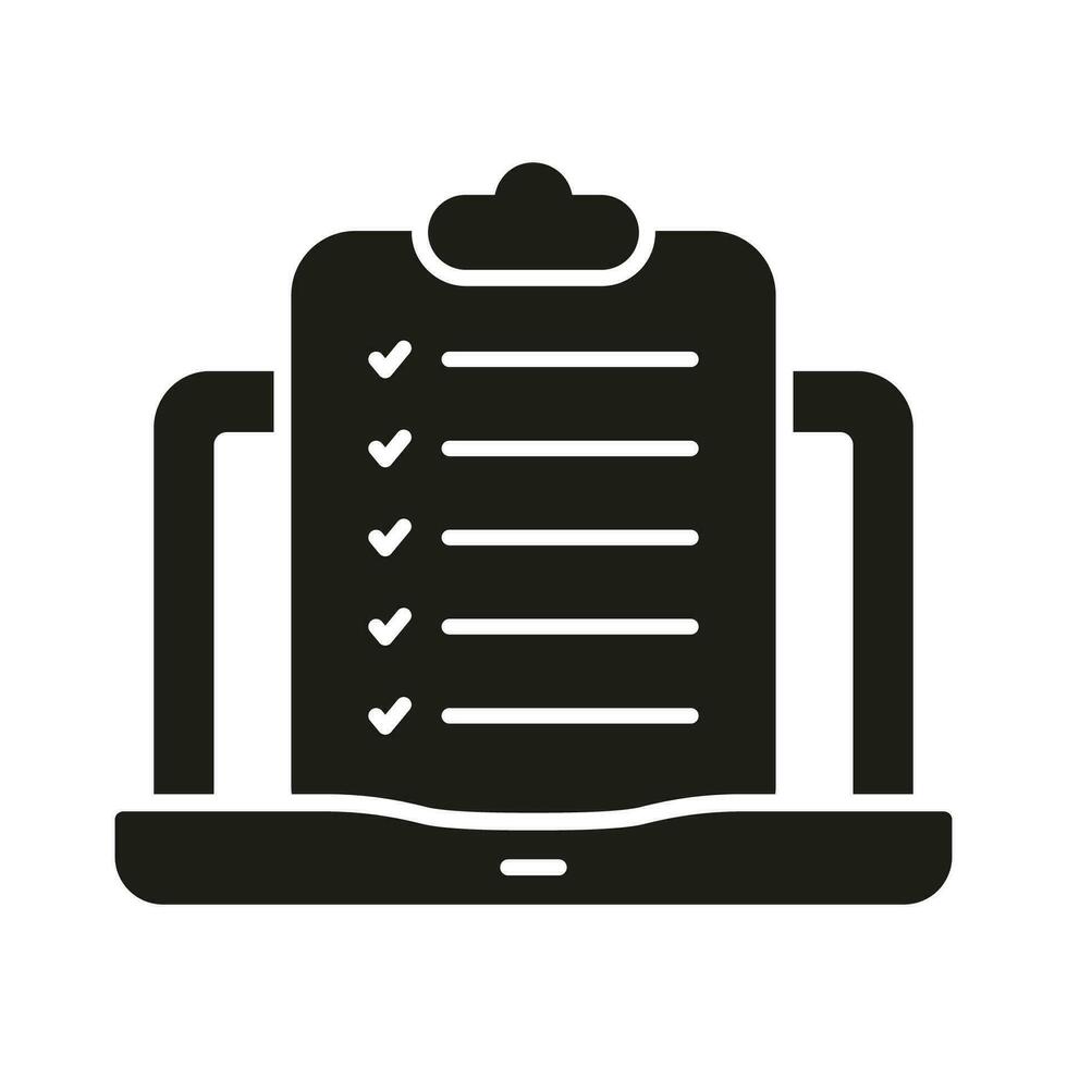 checklist Aan klembord in computer silhouet icoon. online test symbool. vragenlijst lijst Aan laptop glyph pictogram. toepassing het formulier solide teken. geïsoleerd vector illustratie.