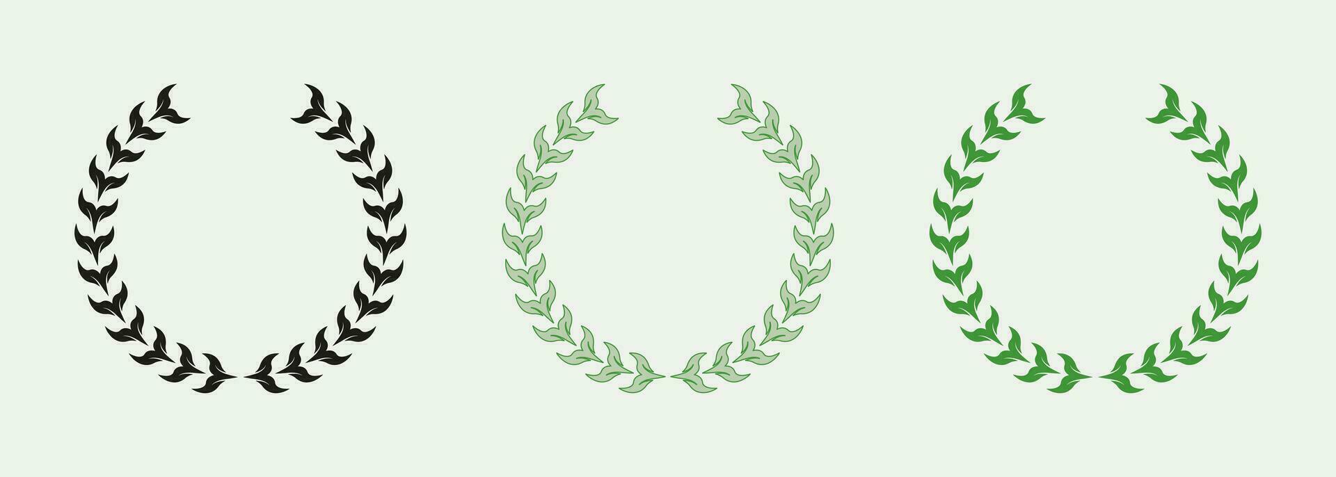 winnaar prijs kleur icoon set. ronde laurier lauwerkrans, chaplet pictogram. cirkel Grieks olijf- boom tak, groen blad symbool verzameling. foliate wijnoogst zege embleem. geïsoleerd vector illustratie.