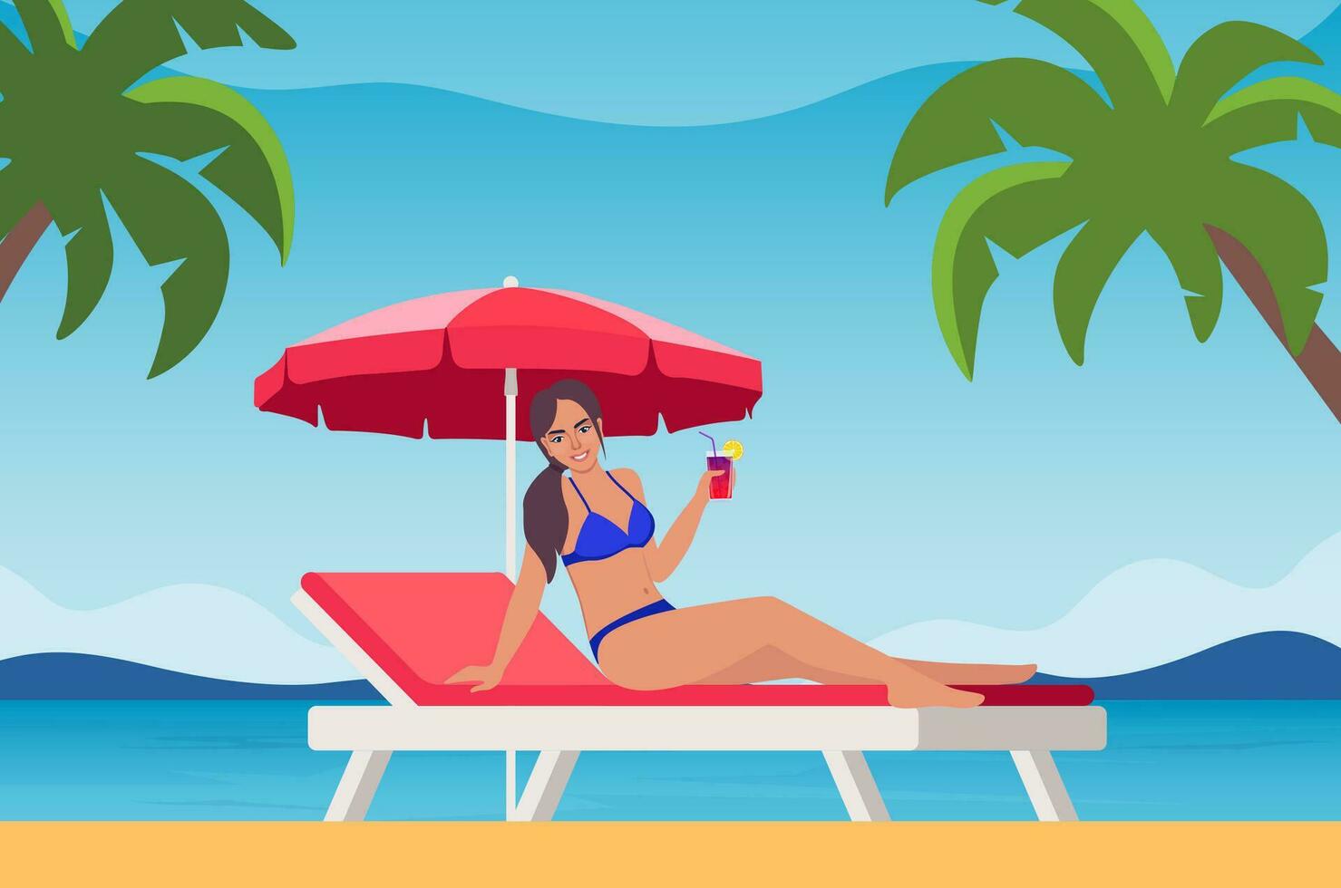 vrouw gekleed in zwempak zonnen Aan de strand met cocktail in haar hand- en lachend. zomer vakanties. mooi sexy meisje in bikini. vector illustratie.