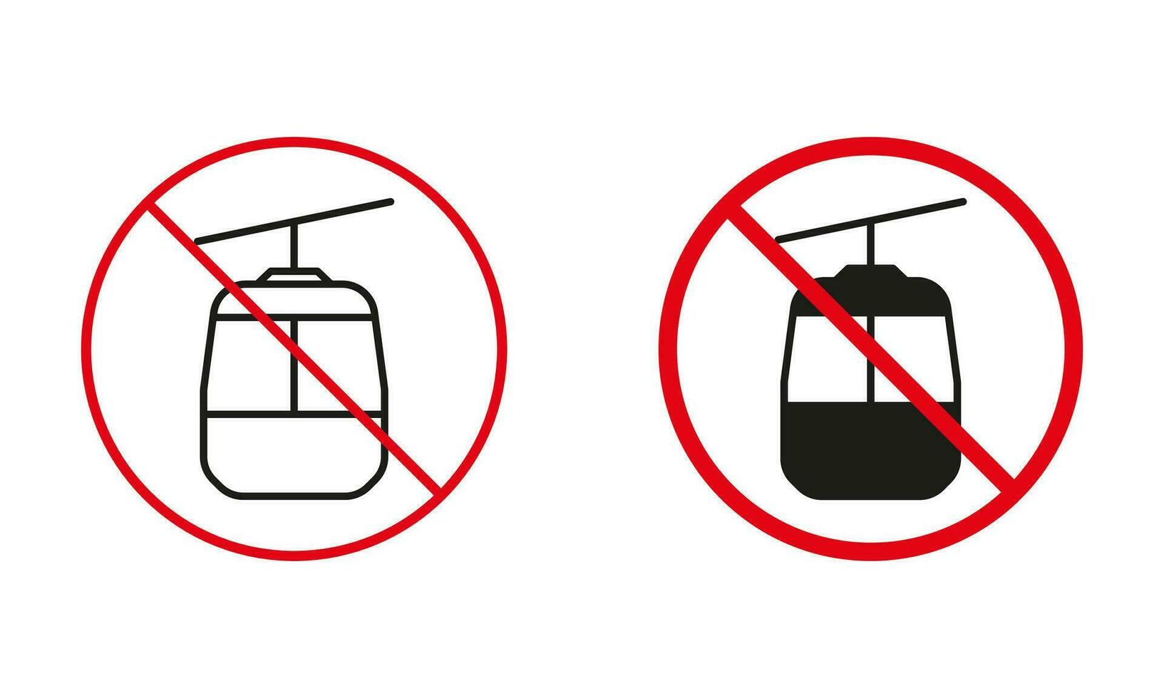 kabel auto niet toegestaan weg teken. verbod berg gondel cirkel symbool set. kabelbaan verbieden verkeer rood teken. kabelbaan lijn en silhouet verboden pictogrammen. geïsoleerd vector illustratie.