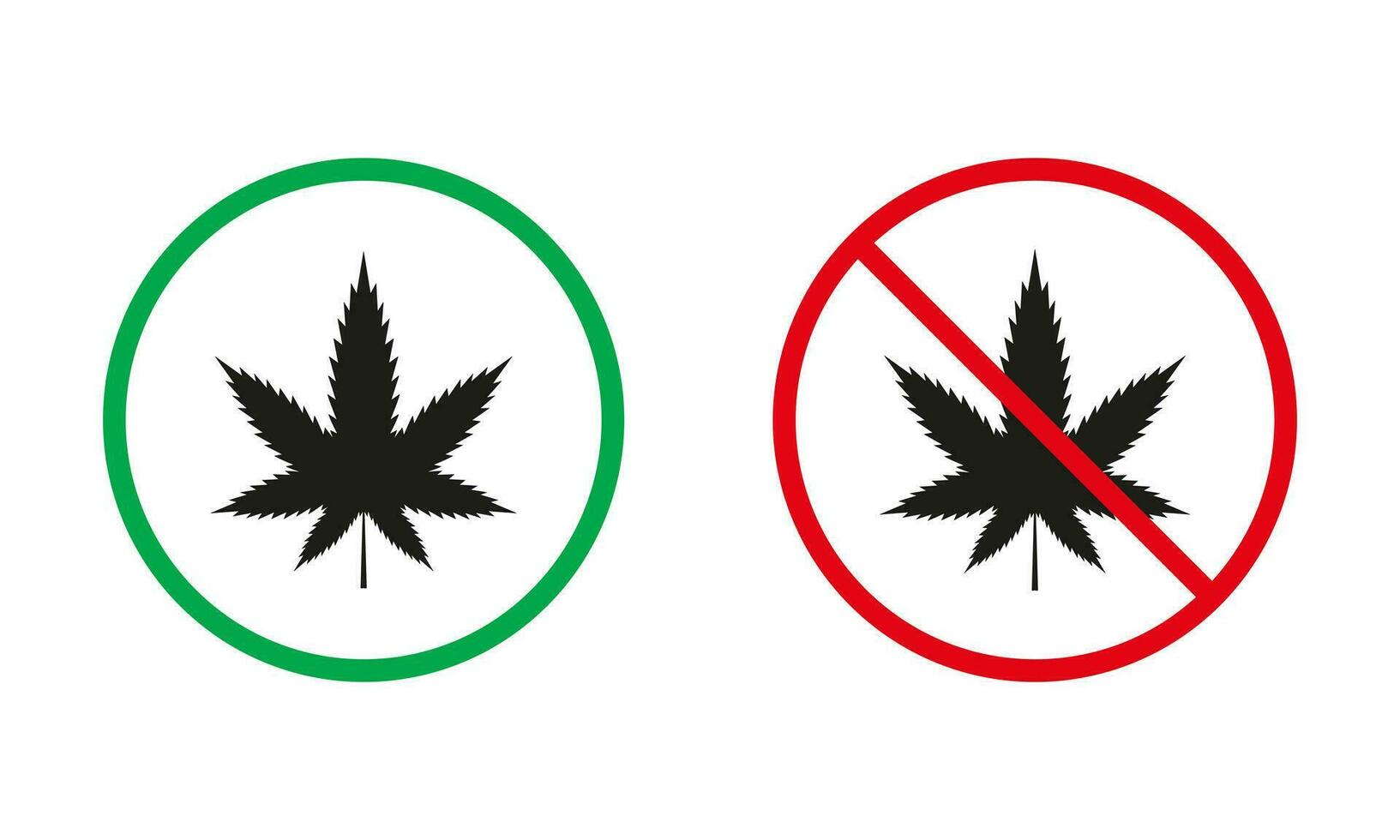 rook marihuana rood en groen waarschuwing tekens. hennep silhouet pictogrammen set. roken onkruid en hennep toegestaan en verboden symbool. geïsoleerd vector illustratie.