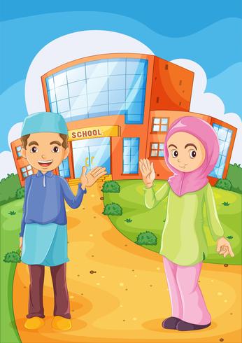 Een mannelijke en een vrouwelijke moslim voor een schoolgebouw vector