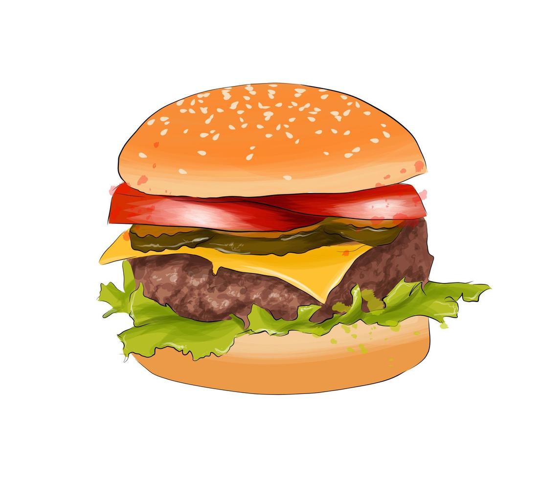 hamburger van veelkleurige verven. scheutje aquarel, gekleurde tekening, realistisch. vectorillustratie van verf vector