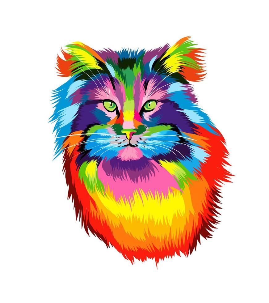 kattengezichtsportret van veelkleurige verven. scheutje aquarel, gekleurde tekening, realistisch. vectorillustratie van verf vector
