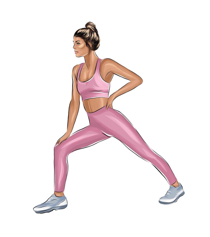 fitness vrouw doet rekoefeningen van veelkleurige verven. scheutje aquarel, gekleurde tekening, realistisch. vectorillustratie van verf vector