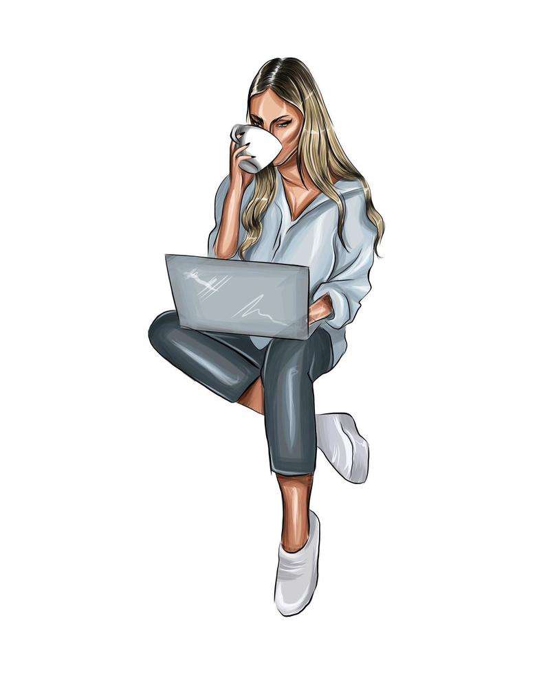 mooie vrouw werkt op een laptopcomputer. meisje met een koffiekopje van veelkleurige verven. scheutje aquarel, gekleurde tekening, realistisch. vectorillustratie van verf vector