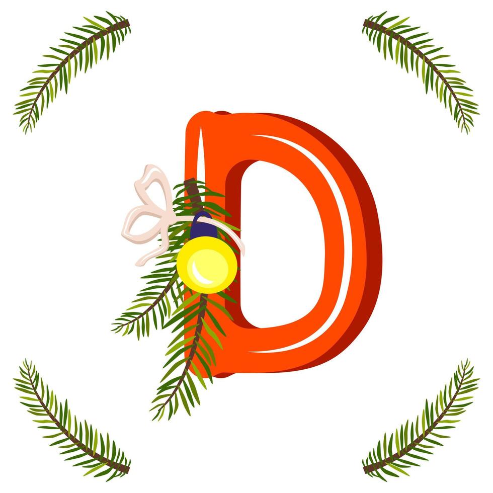 rode letter d met groene kerstboomtak, bal met strik. feestelijk lettertype voor gelukkig nieuwjaar en helder alfabet vector