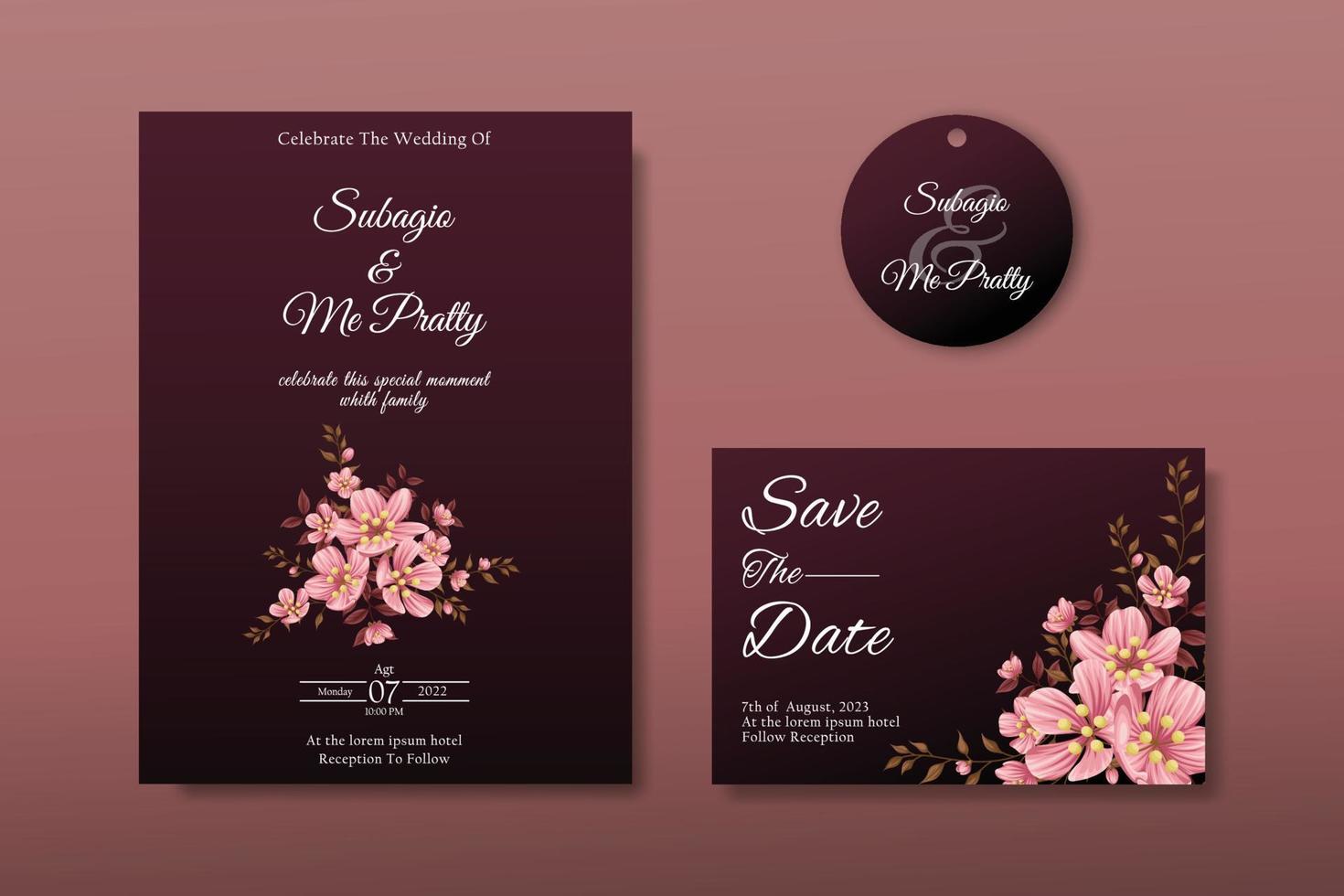 set kaarten met kersenbloesems, bladeren. huwelijksconcept. decoratieve trouwkaart vector of uitnodiging ontwerp achtergrond