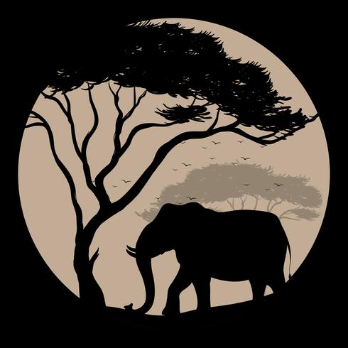 Silhouetscène met olifant en boom vector