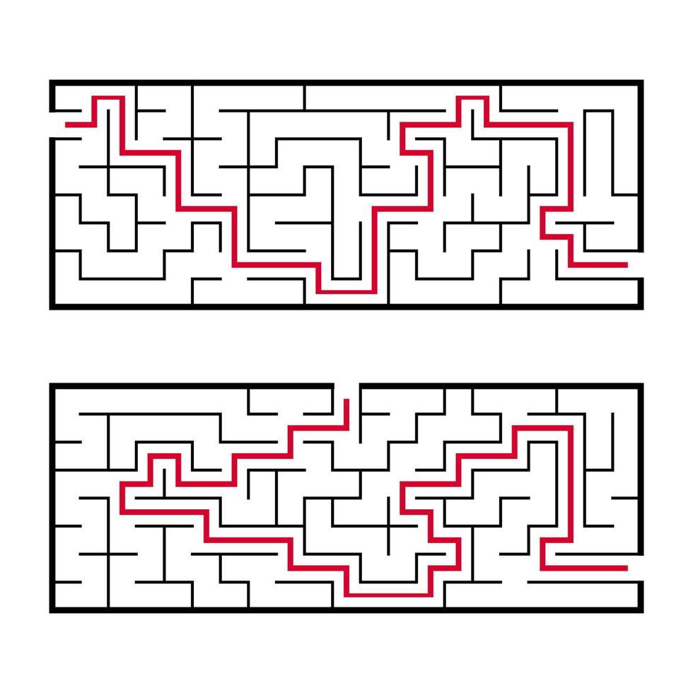 zwart rechthoekig labyrint met een ingang en een uitgang. een interessant en nuttig spel voor kinderen. eenvoudige platte vectorillustratie geïsoleerd op een witte achtergrond. met het antwoord. vector