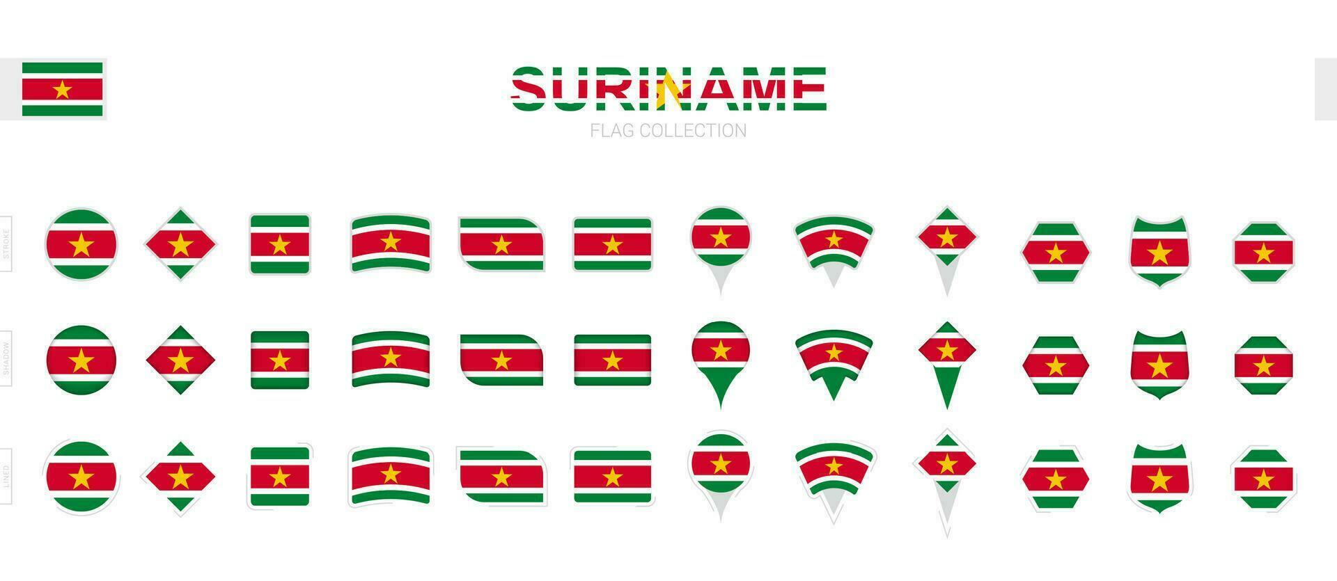 groot verzameling van Suriname vlaggen van divers vormen en Effecten. vector