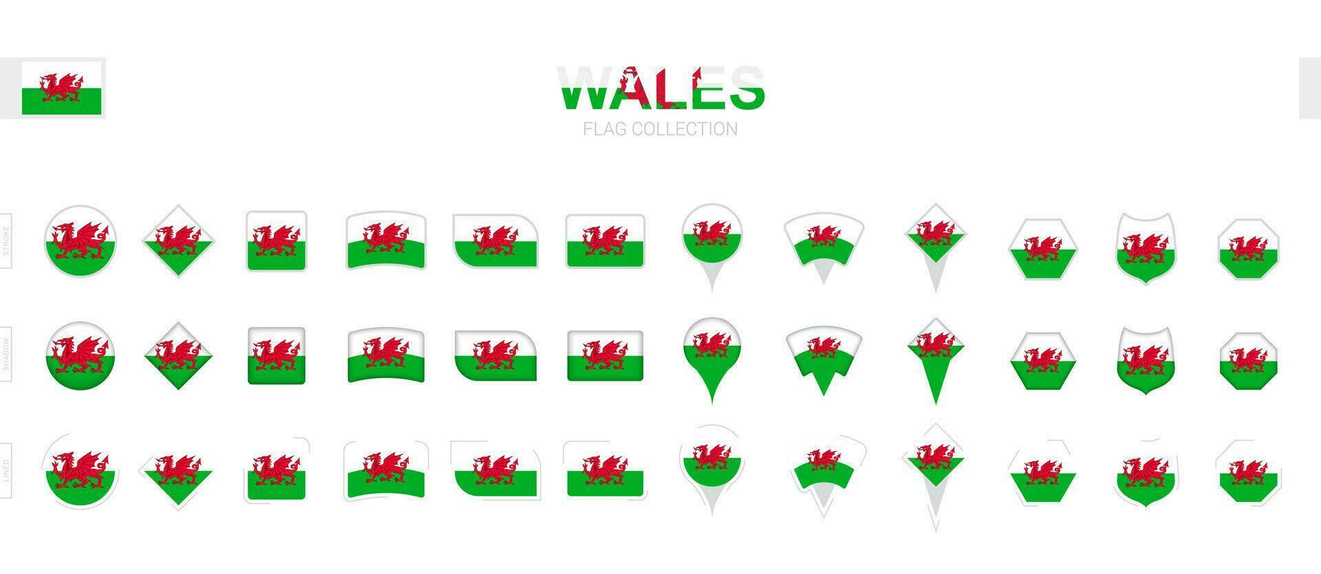 groot verzameling van Wales vlaggen van divers vormen en Effecten. vector