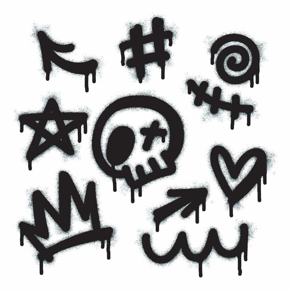 verzameling van graffiti beeld symbolen. verstuiven geschilderd graffiti patroon met uitroep merken, vraag merken, pijlen, kroon harten, sterren, hekken, schedels en vuisten. verstuiven verf element. vector
