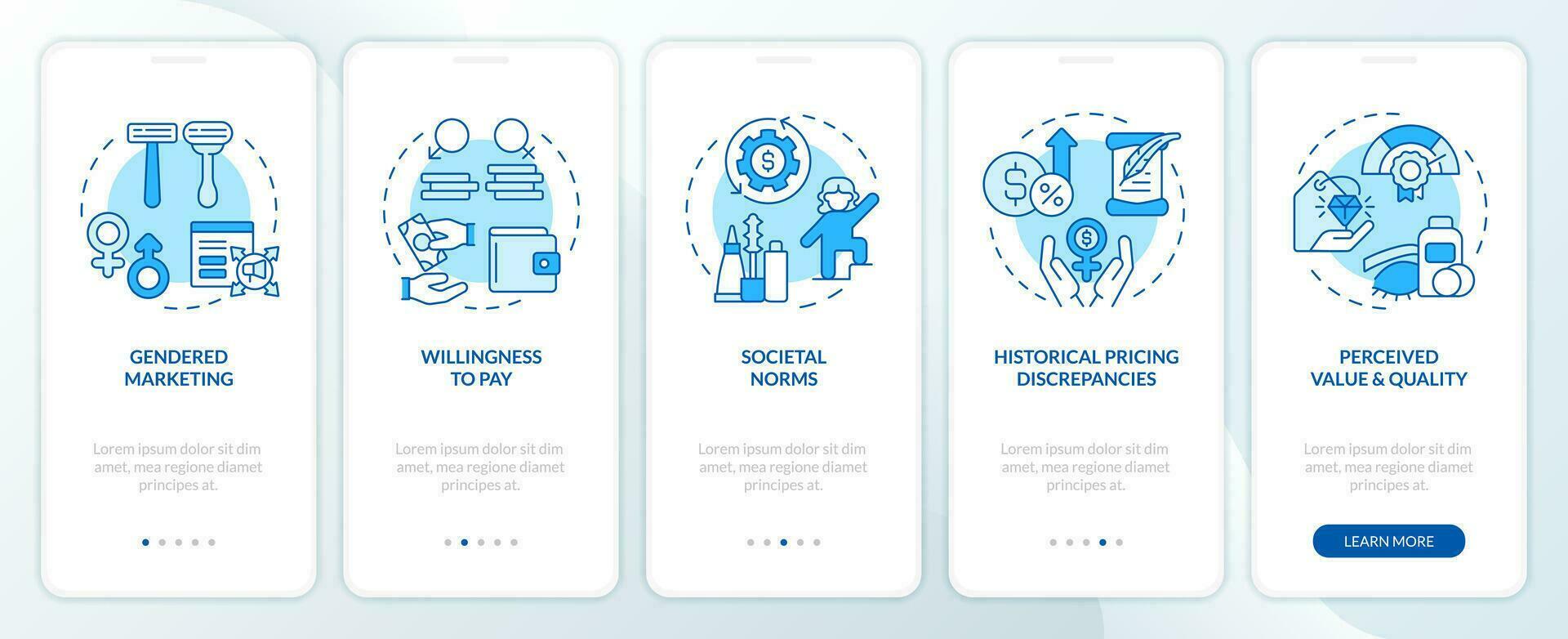 2d pictogrammen vertegenwoordigen roze belasting bestaan mobiel app scherm set. walkthrough 5 stappen blauw grafisch instructies met dun lijn pictogrammen concept, ui, ux, gui sjabloon. vector