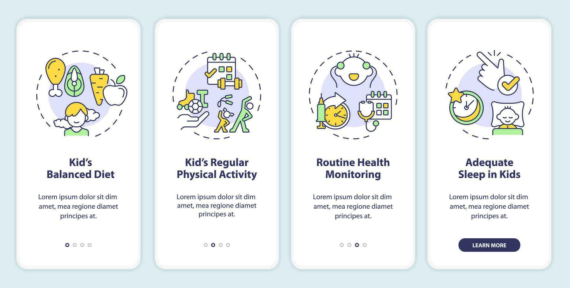 2d pictogrammen vertegenwoordigen ouderschap kinderen dun lijn mobiel app scherm set. walkthrough 4 stappen veelkleurig grafisch instructies met lijn pictogrammen concept, ui, ux, gui sjabloon. vector