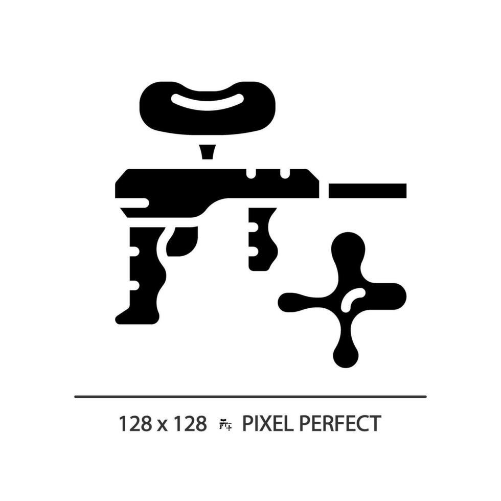 2d pixel perfect glyph stijl paintball icoon, geïsoleerd vector, vlak silhouet illustratie vertegenwoordigen wapens. vector