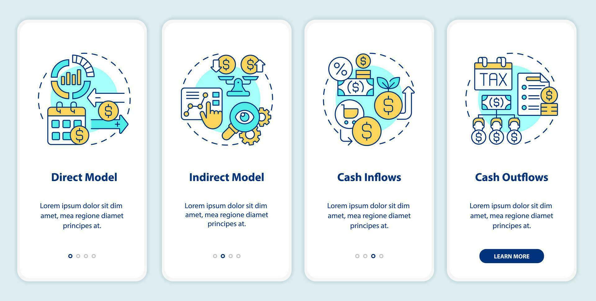 2d lineair pictogrammen vertegenwoordigen contant geld stromen voorspelling mobiel app scherm set. walkthrough 4 stappen veelkleurig grafisch instructies met concept, ui, ux, gui sjabloon. vector