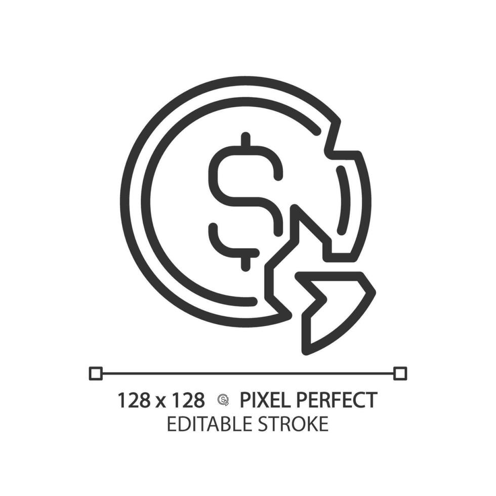 2d pixel perfect bewerkbare zwart gebroken munt icoon, geïsoleerd gemakkelijk vector, dun lijn illustratie vertegenwoordigen economisch crisis. vector