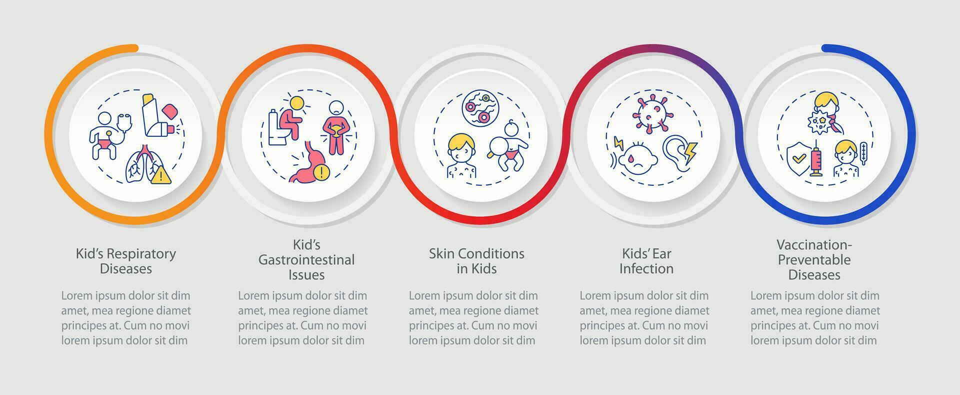 2d ouderschap kinderen met Gezondheid problemen vector infographics sjabloon met dun lijn pictogrammen, gegevens visualisatie met 5 stappen, kleurrijk werkwijze tijdlijn grafiek.