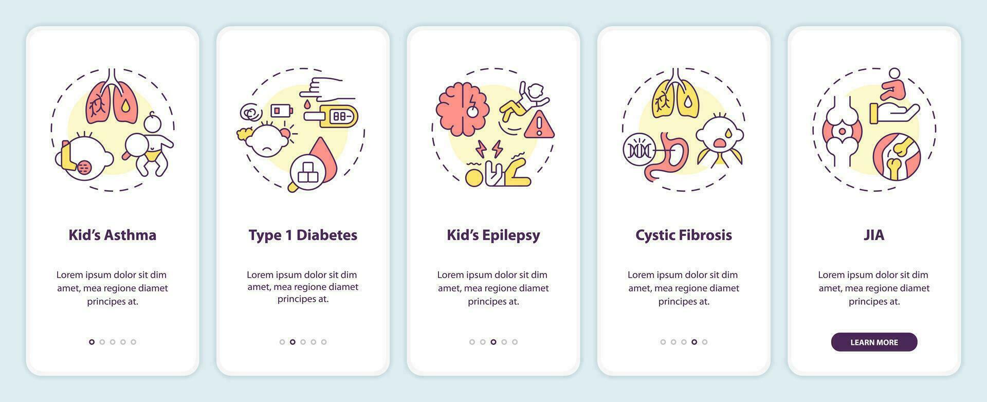 2d pictogrammen vertegenwoordigen ouderschap kinderen dun lijn mobiel app scherm set. walkthrough 5 stappen veelkleurig grafisch instructies met dun lijn pictogrammen concept, ui, ux, gui sjabloon. vector