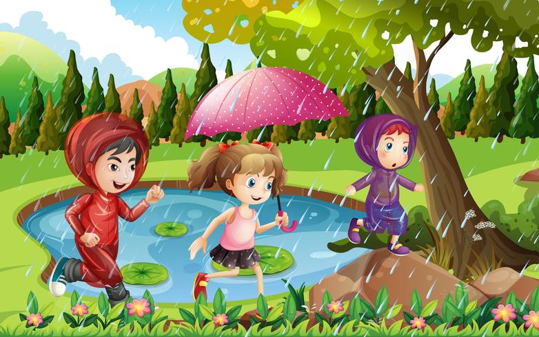 Drie kinderen die in de regen lopen vector