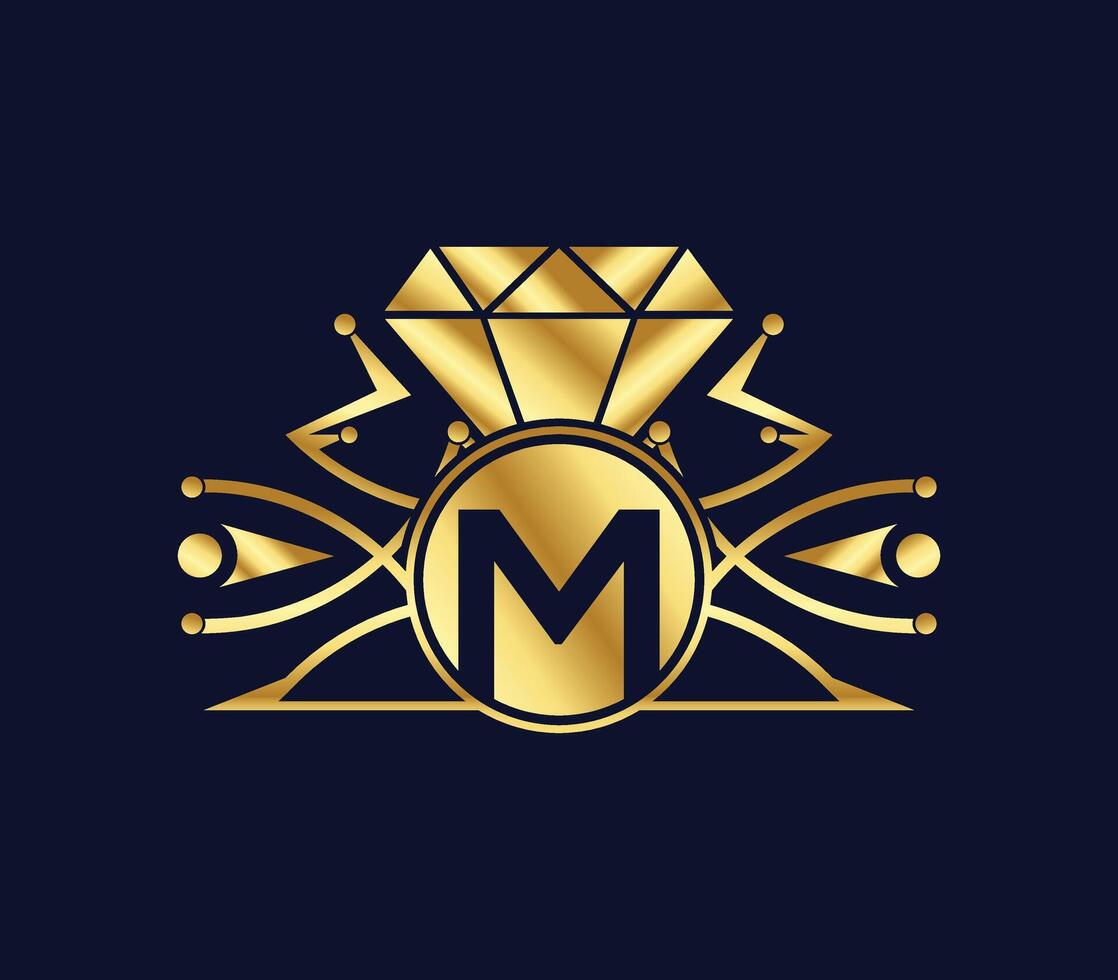 m brief diamant luxe met gouden kleur bedrijf logo ontwerp vector