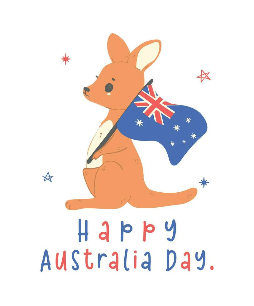 Australië dag met aanbiddelijk baby kangoeroe tekenfilm golvend een vlag. vector