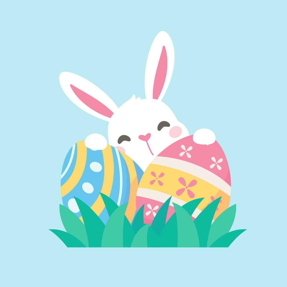 een tekenfilm konijn schuilplaats achter kleurrijk versierd Pasen eieren gedurende de Pasen ei festival. vector