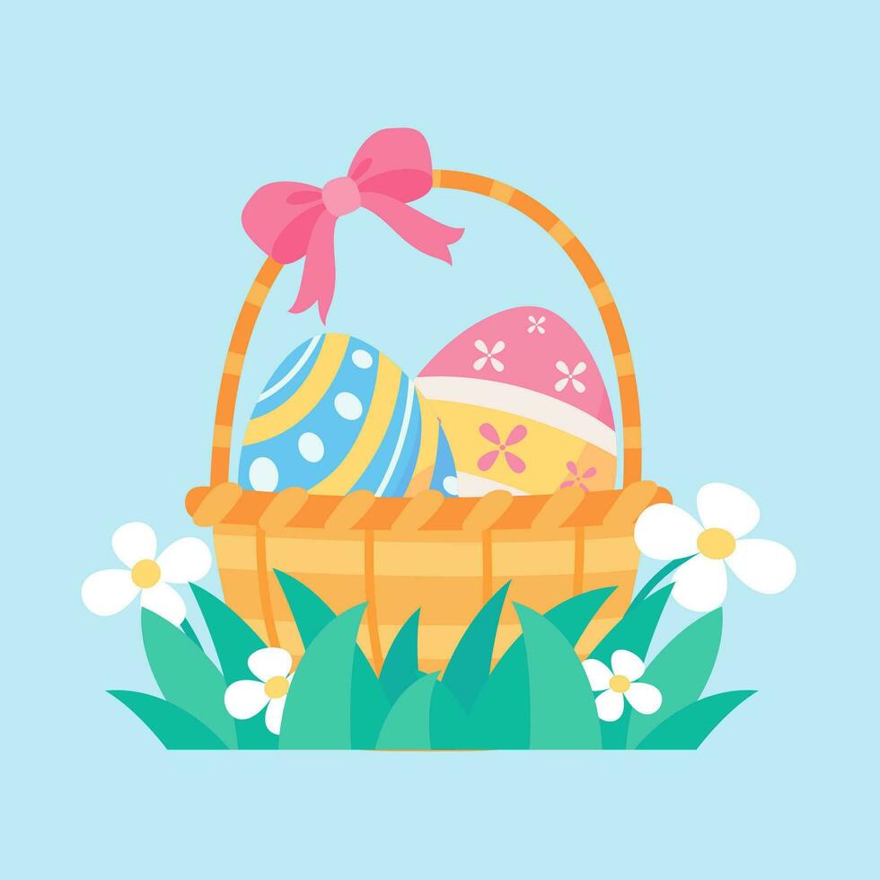 tekenfilm weinig konijn in een mand van Pasen eieren geschilderd met helder patronen. vector