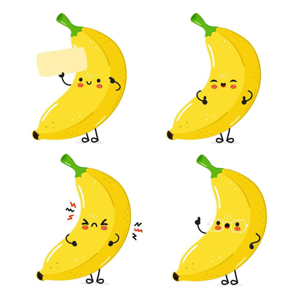 grappig banaan tekens bundel set. vector hand- getrokken tekening stijl tekenfilm karakter illustratie icoon ontwerp. schattig banaan mascotte karakter verzameling