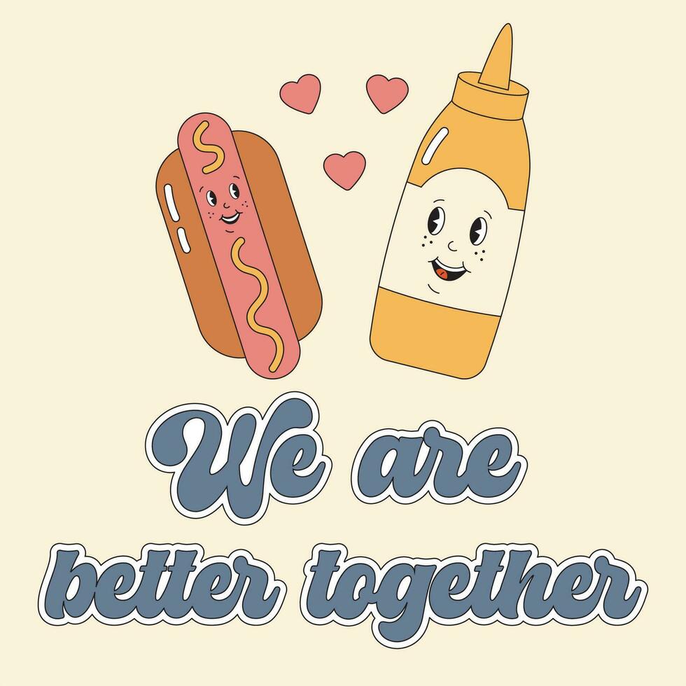 schattig valentijnsdag dag kaart met gelukkig hotdog en mosterd samen, perfect paar, paar in liefde. voedsel romantisch concept, liefde bij elkaar passen in groovy retro stijl. liefde wijnoogst kaart. vector