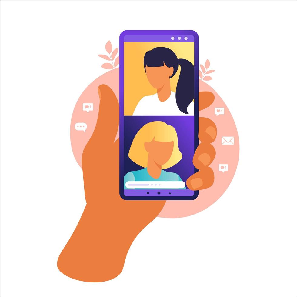 videoconferentie. concept online uitzending, webinar, online training, tutorial. persoon hand met smartphone. vectorillustratie in vlakke stijl. vector