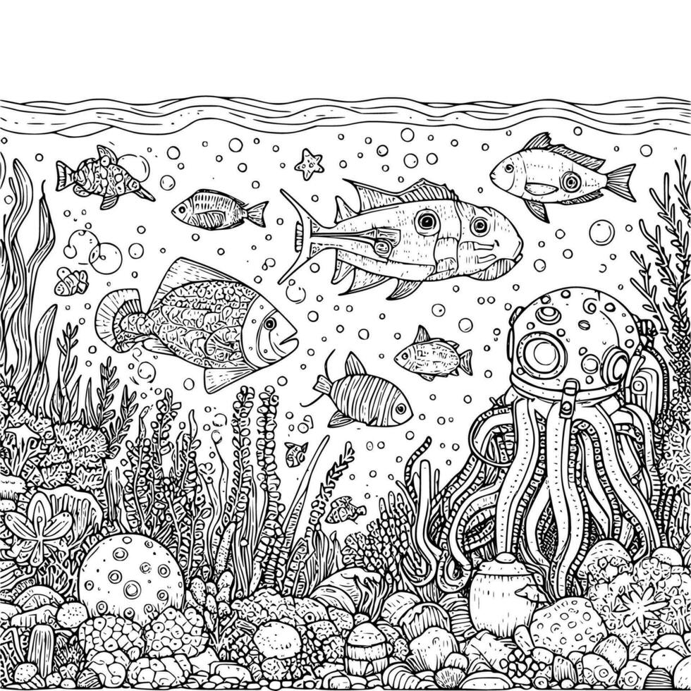 onderwater- wereld kleur boek hand- getrokken. oceaan leven kleur bladzijde zwart en wit vector illustratie