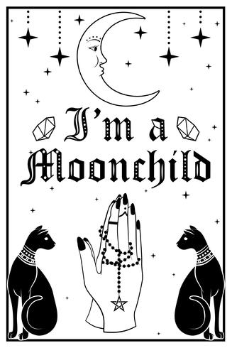 Black Cats and the Moon. Biddende handen met een rozenkrans. Ik ben een Moonchild-tekst vector