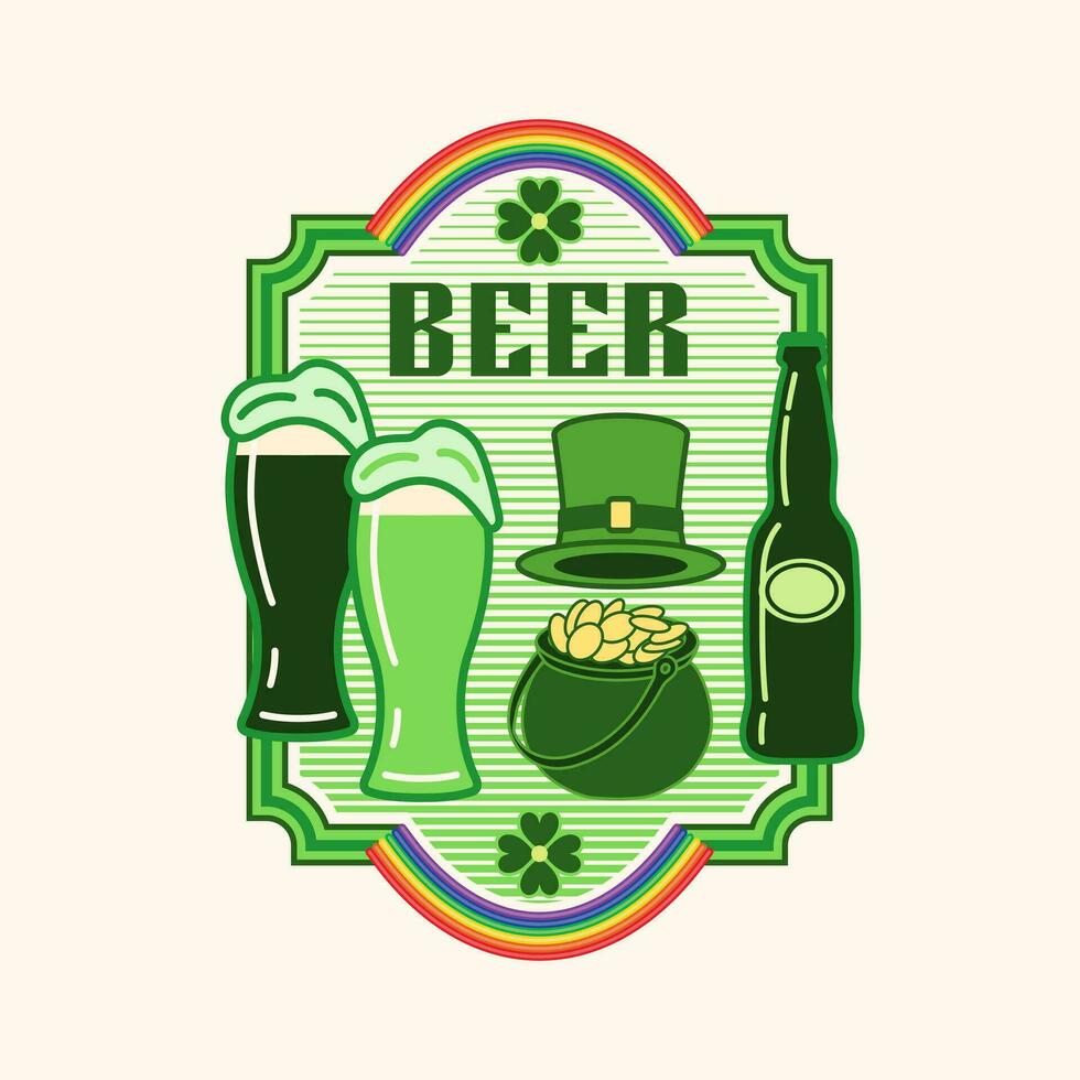 patricks dag groen bier logo met pictogrammen van fles, bier bril. wijnoogst kader. mooi zo voor branding, decoratie van voedsel pakket, Hoes ontwerp, decoratief afdrukken. gemakkelijk vlak stijl vector