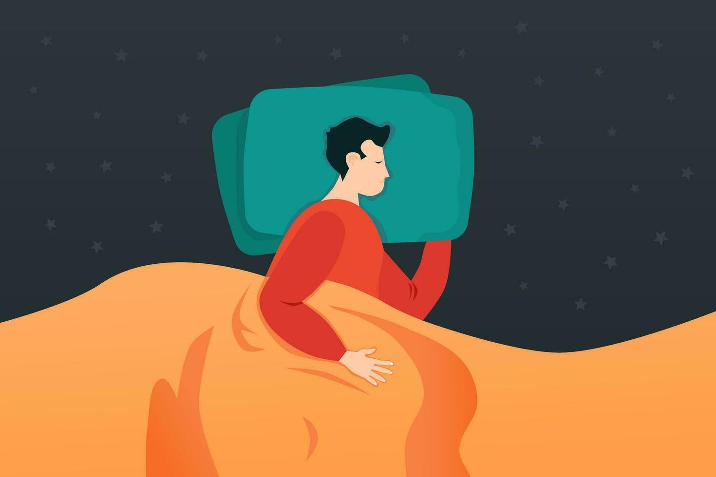 een Mens slapen houding Aan kant Aan hoofdkussen onder deken. vector illustratie.
