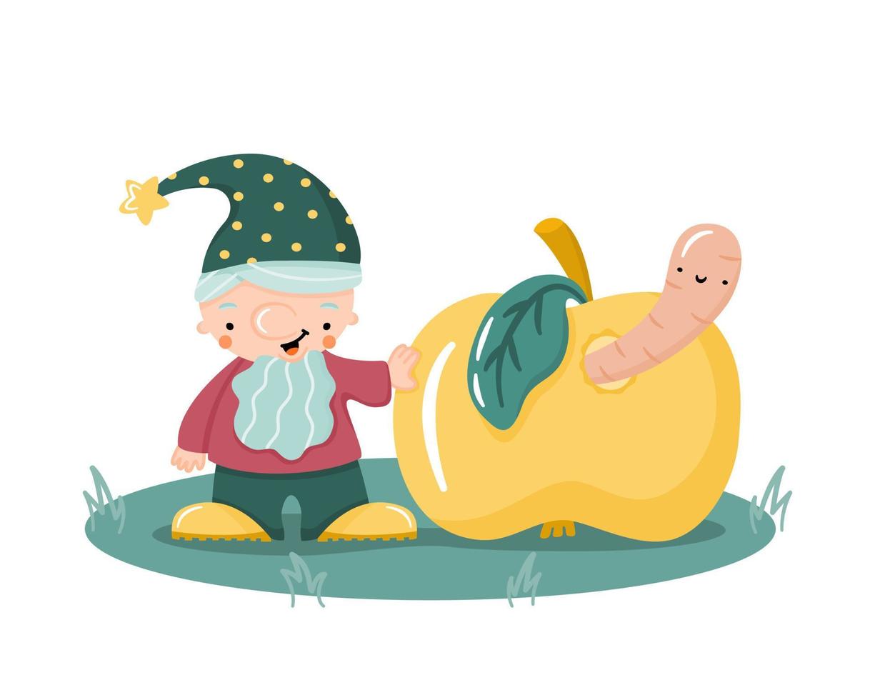 schattige cartoon hand getekende kabouter met wormy apple platte vectorillustratie. kleine tuindwerg met baard die grappige hoed draagt. magisch karakter voor kinderontwerp. vector