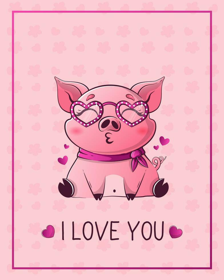 Valentijnsdag dag kaart met schattig kawaii varken. opschrift ik liefde jij. vector illustratie voor banier, poster, kaart, ansichtkaart.