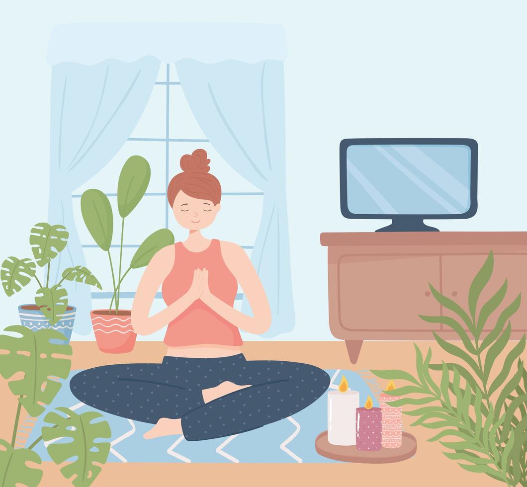 vrouw yoga ontspannen in huis vector