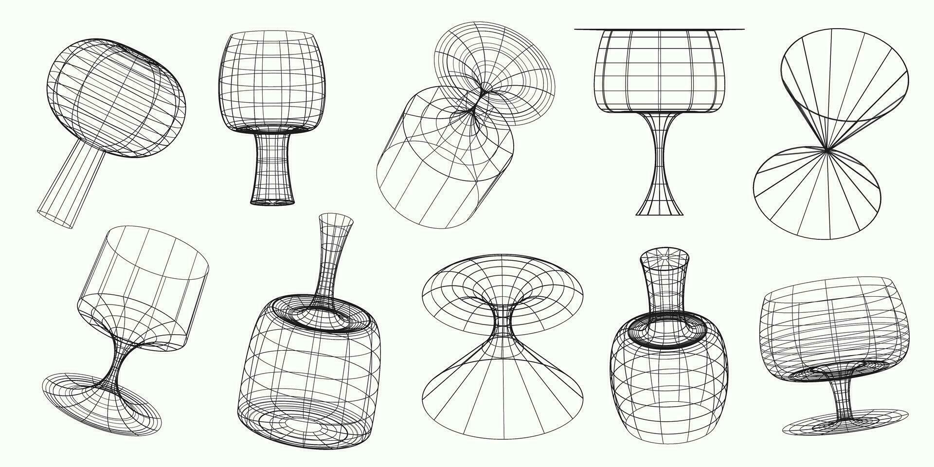 geometrie wireframe vormen. abstract grafisch meetkundig symbolen en voorwerpen in y2k stijl. cyberpunk lijn elementen vector reeks