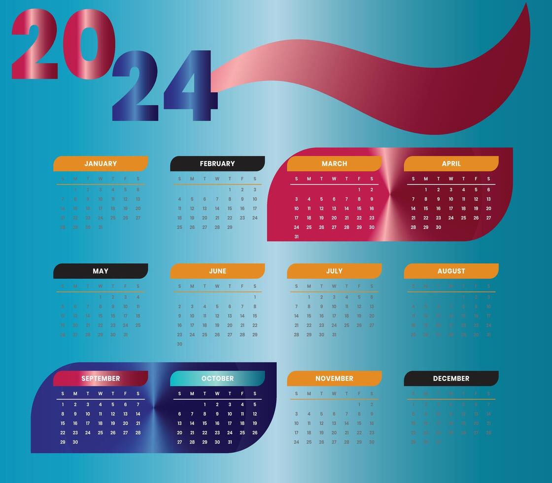 2024 nieuw jaar kalender sjabloon en dagen ontwerp vector