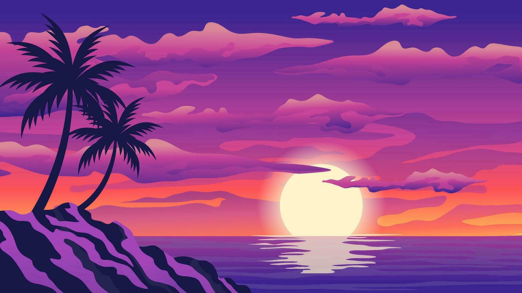 vector Purper zonsondergang Aan achtergrond van palm silhouetten