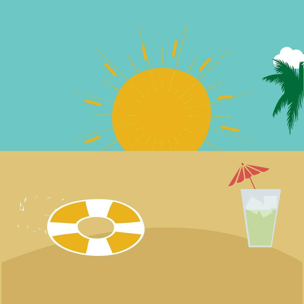 zomer vakantie strand vakantie thema podium met zomer reeks strand elementen. vector illustratie reizen themed vector achtergrond tropisch strand. met palm bomen, turkoois wateren, en zon ligstoelen.