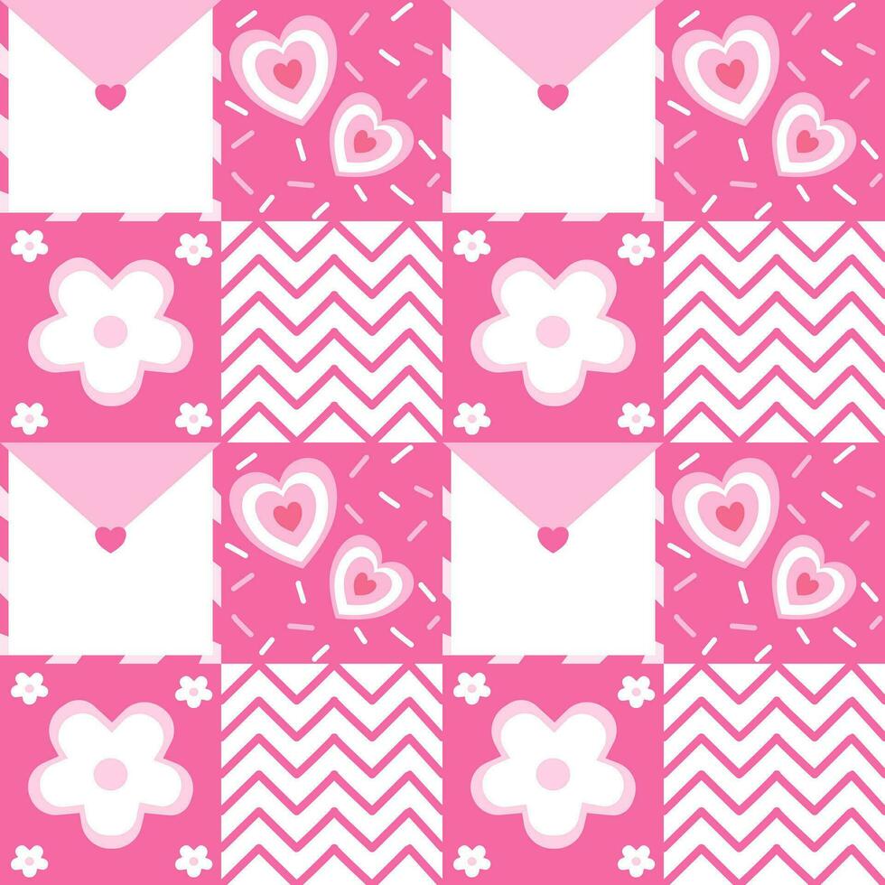roze Valentijn naadloos patroon met vlak meetkundig vorm geven aan, hart, bloemen, lijn, liefde brief voor ontwerp, brochure, papier inpakken vector
