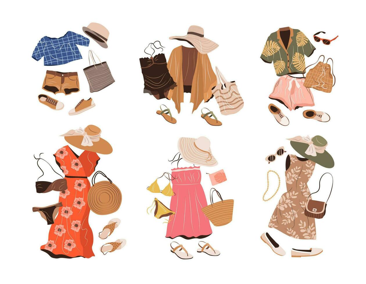 outfits reeks in gewoontjes stijl voor Dames. mode kleding, accessoires, schoenen voor lente, zomer en vakantie. geïsoleerd vlak vector illustraties Aan achtergrond