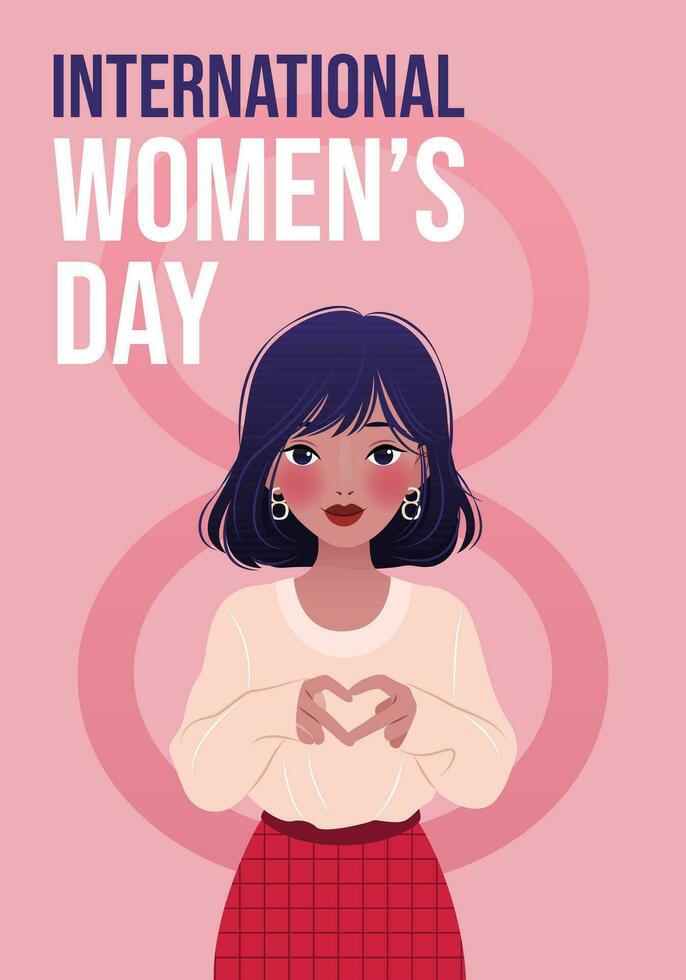 Internationale vrouwen dag. 8 maart. poster met aantal acht en jong Aziatisch vrouw tonen teken van hart. inspireren inclusie. modern vector ontwerp voor ansichtkaart, poster, campagne, sociaal media na.