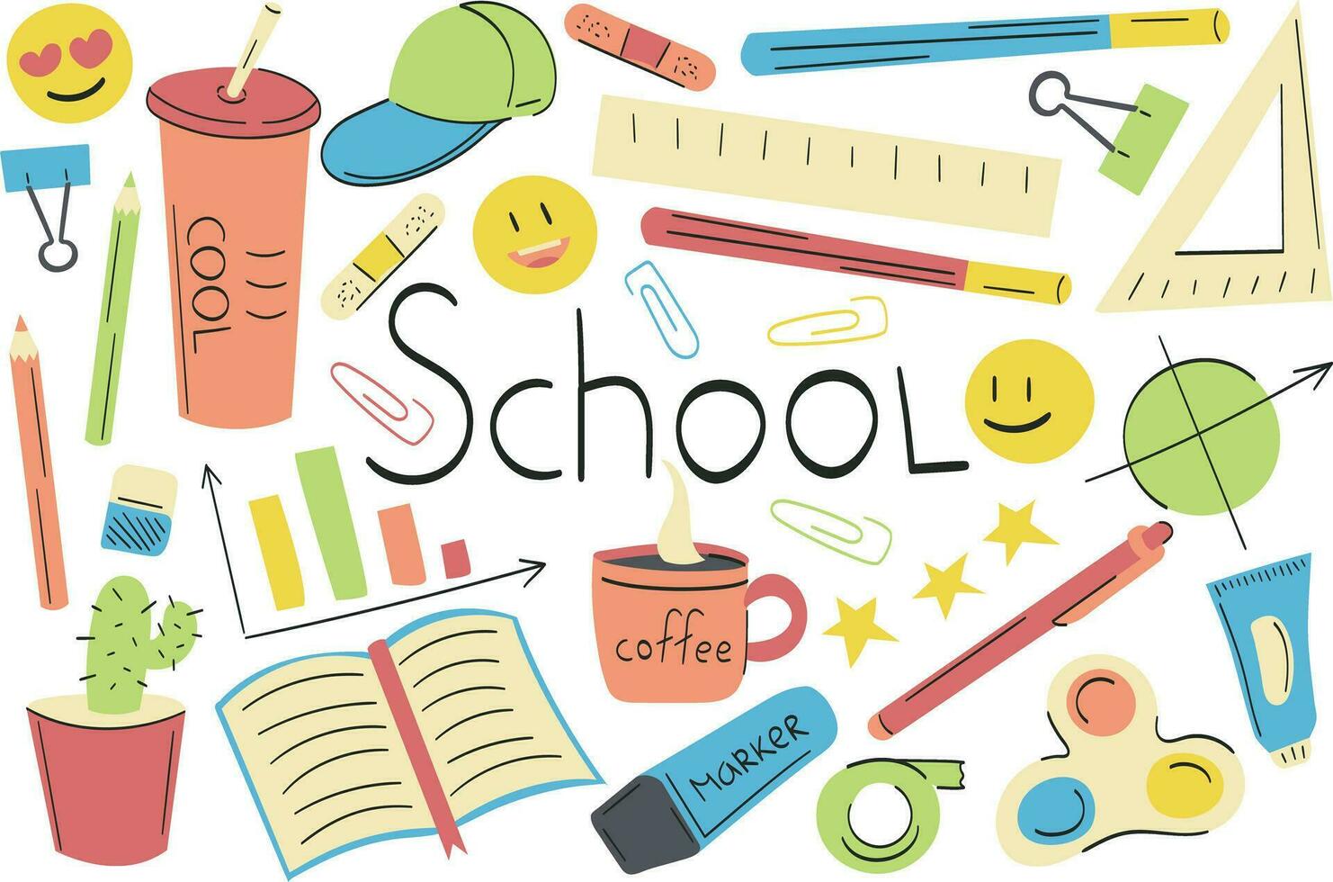 verzameling van school- items voor studie met de tekst school. vector illustratie