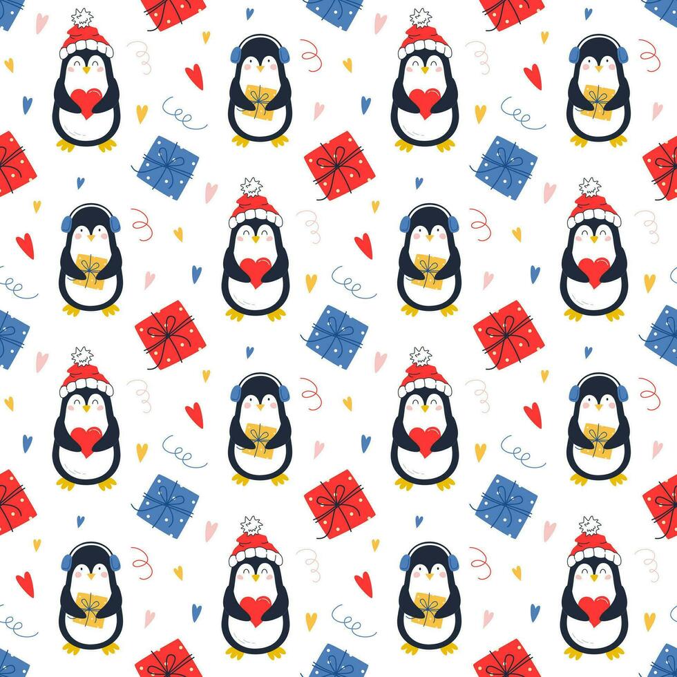 patroon met schattig pinguïns. feestelijk vector patroon Aan een wit achtergrond. voor textiel, papier, scrapbooken.